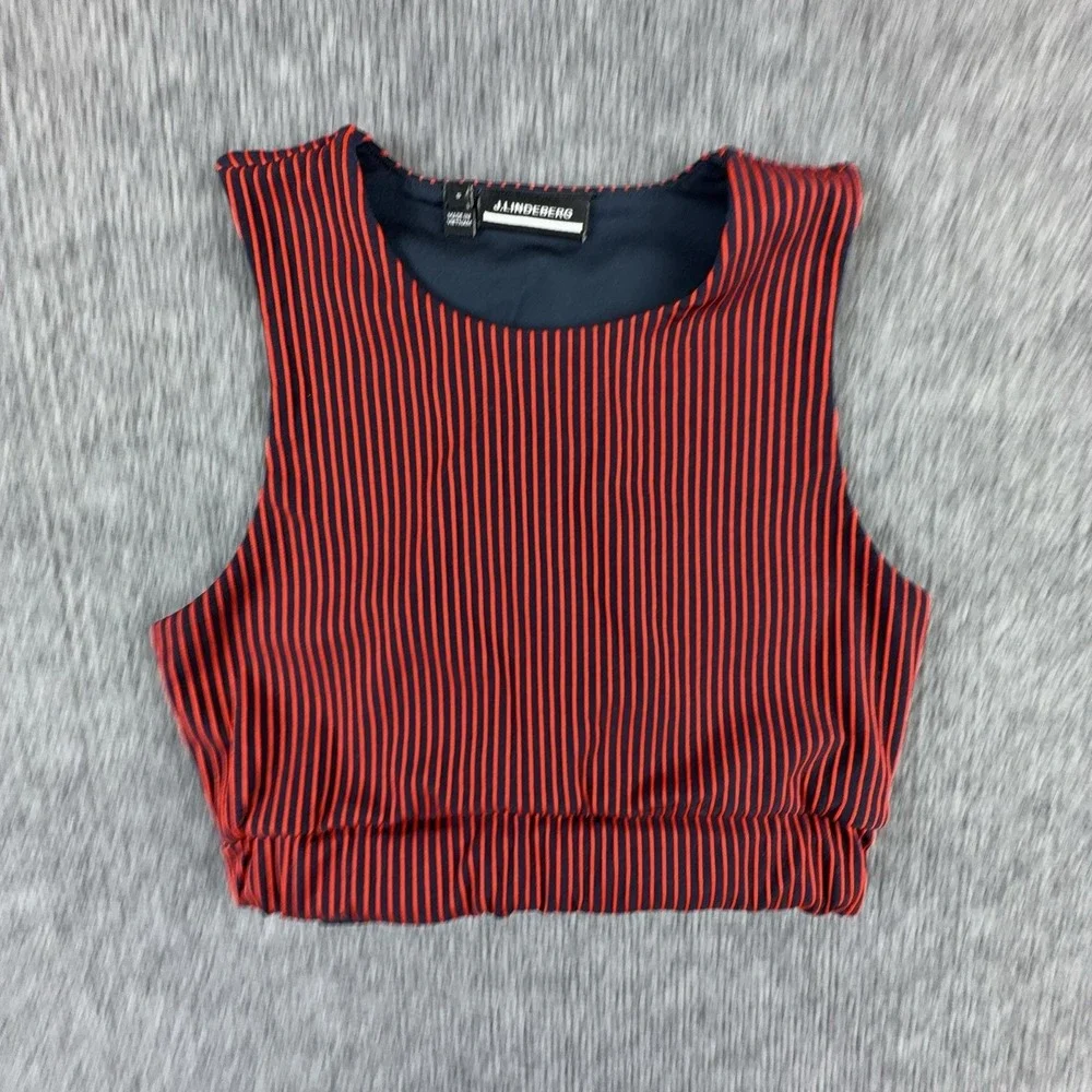 J.Lindeberg Tank Top Womens Small Blue Red Stripe Cropped Racerback Logo Sport